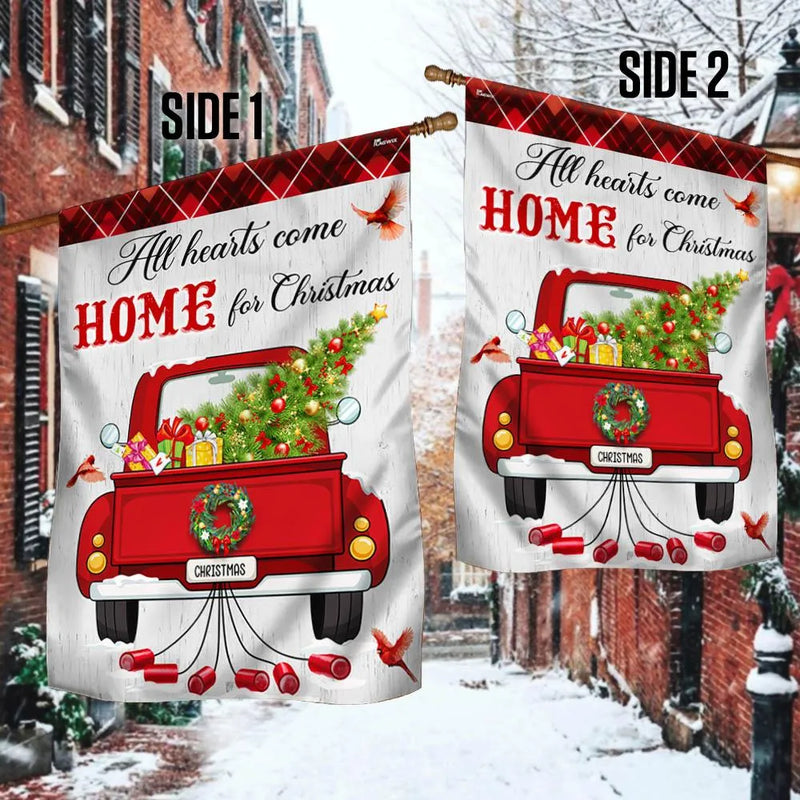 Red Vintage Truck Wreath Flag, All Hearts Come Home for Christmas Garden Flag, Double Sided Holiday Yard Flag, Farmhouse Xmas Lawn Decor