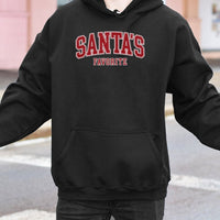 Retro Varsity Christmas Sweatshirt, Santa's Favorite Hoodie, Humorous Xmas Quote Pullover, Festive Holiday Season Party Hooded Sweater