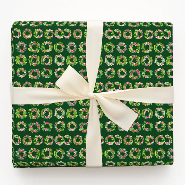 Floral Holiday Gift Wrap, Watercolor Christmas Wreath Wrapping Paper, Dark Green Botanical Wrapping Paper, Festive Winter Pre