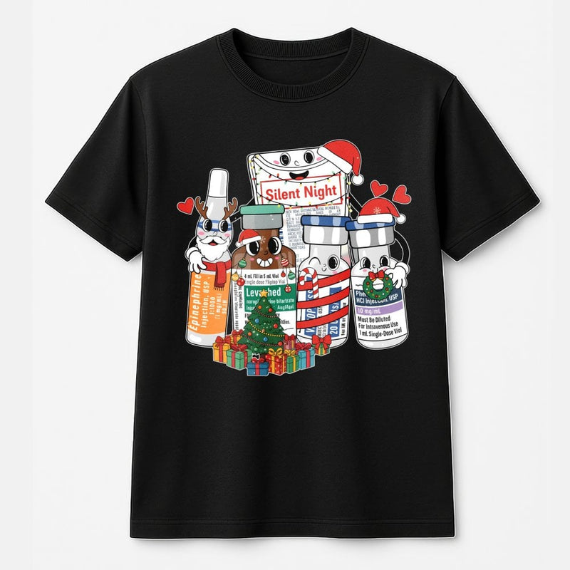 Medication Vial Graphic Tee, Silent Night Medical Christmas T-Shirt, Humorous Nurse Holiday Shirt, Doctor Pharmacy Healthcare Staff Present