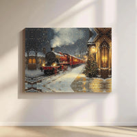 Snowy Railway Station Canvas Print, Christmas Steam Train Canvas Wall Art, Festive Winter Holiday Canvas, Train Lover Wall Decor Xmas Present