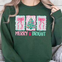 Merry and Bright Holiday Crewneck, Pink Bow Christmas Tree Sweatshirt, Preppy Coquette Xmas Sweater, Adorable Winter Present for Women