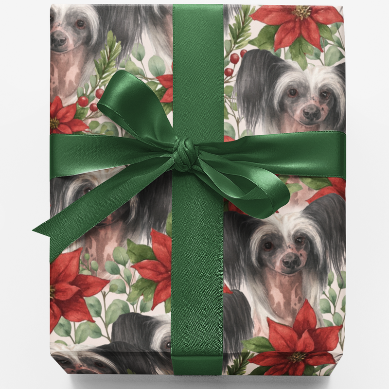 Chinese Crested Christmas Gift Wrap, Chinese Crested Wrapping Paper, Poinsettia Dog Wrapping Paper