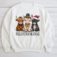 Adorable Holiday Crewneck, Highland Cow Christmas Sweatshirt, Festive Hallothanksmas Sweatshirt, Humorous Winter Pullover, Animal Lover Xmas Present