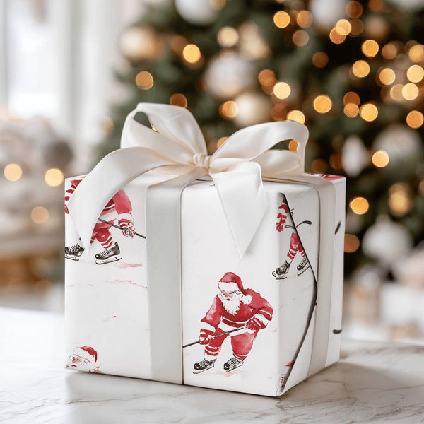 Watercolor Ice Hockey Gift Wrap, Hockey Santa Wrapping Paper, Sports Santa Christmas Wrapping Paper, Holiday Hockey Player Gi