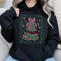 Pink Bow Aesthetic Winter Hoodie, Coquette Christmas Tree Hoodie, Merry Christmas Hooded Pullover, Adorable Holiday Girls Graphic Hoodie
