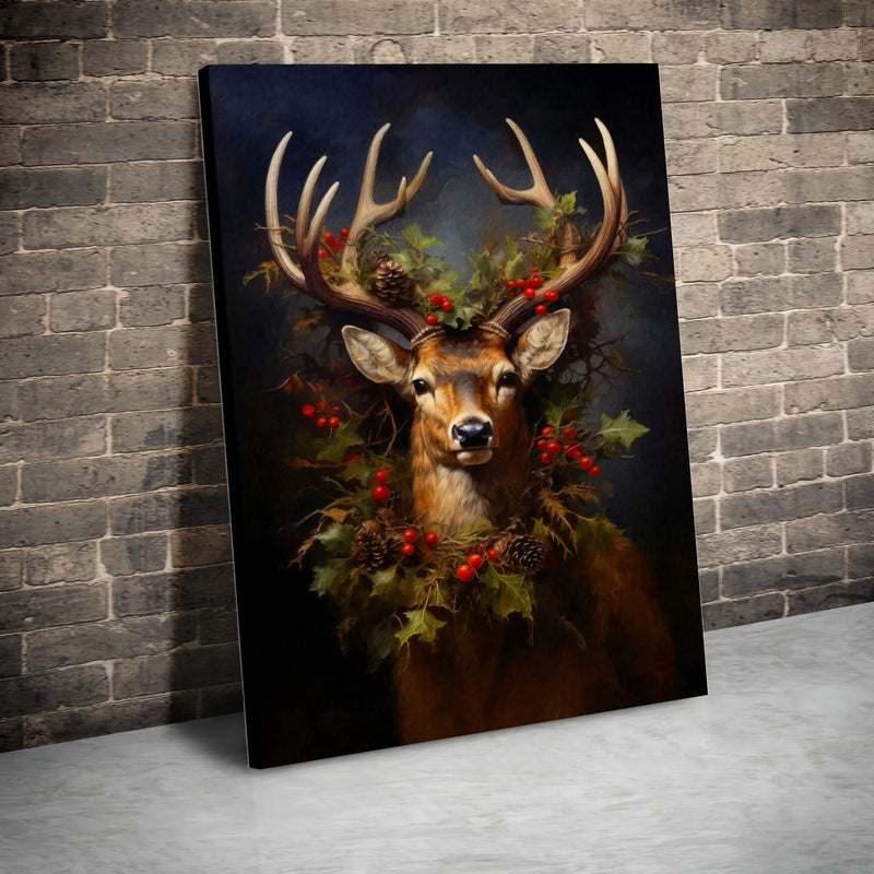 Holly and Pinecone Wreath Canvas, Majestic Deer Christmas Wall Art, Festive Winter Stag Canvas Print, Rustic Holiday Living Room Decor