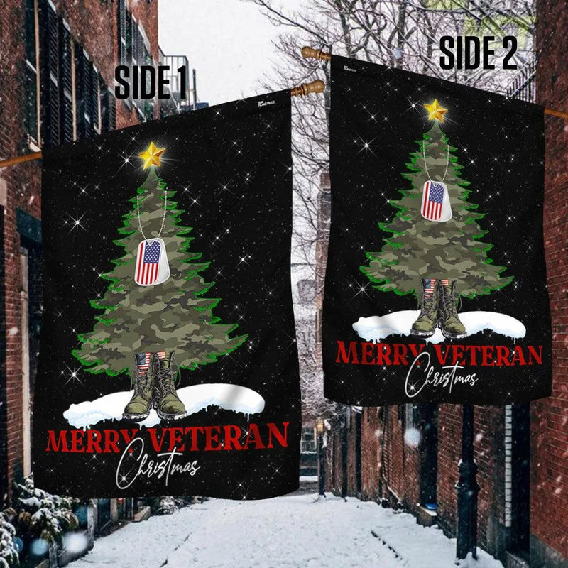 Camo Tree Military Boots Flag, Merry Veteran Christmas Garden Flag, Double-Sided Veterans Day Holiday Flag, Patriotic Military Present