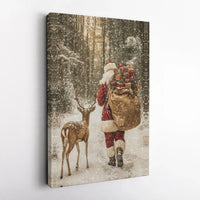 Snowy Forest Reindeer Canvas Print, Santa Claus Wall Art Canvas, Christmas Holiday Wall Decor, Winter Santa Canvas, Festive Holiday Present