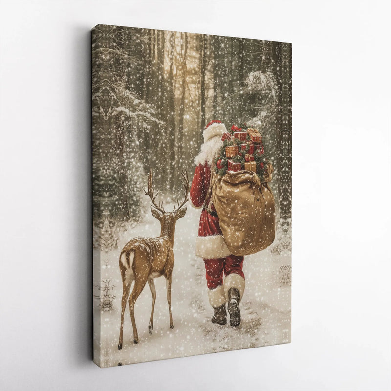 Snowy Forest Reindeer Canvas Print, Santa Claus Wall Art Canvas, Christmas Holiday Wall Decor, Winter Santa Canvas, Festive Holiday Present