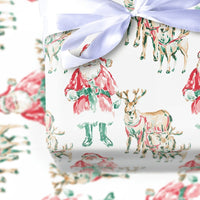 Watercolor Christmas Gift Wrap, Santa and Reindeer Wrapping Paper, Retro Santa Holiday Wrapping Paper, Traditional Christmas Wrapping Paper