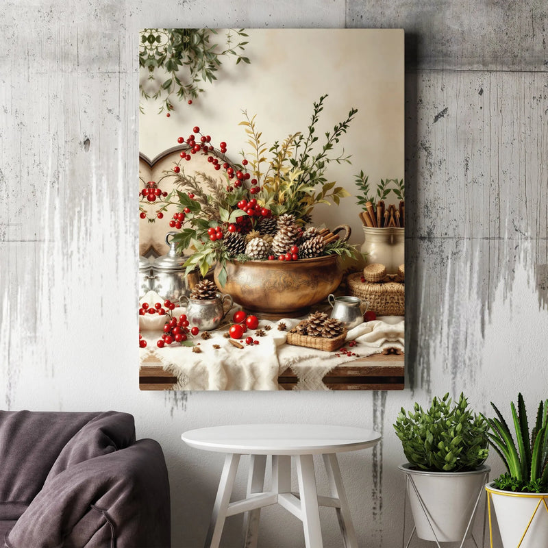 Winter Red Berry Still Life Canvas Print, Rustic Christmas Pinecone Canvas Art, Farmhouse Holiday Wall Art, Festive Seasonal Canvas Decor