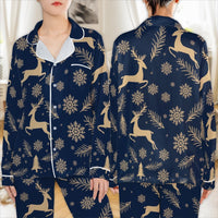 Navy Blue Snowflake Pajamas, Christmas Reindeer Satin Pajama Set, Winter Holiday Sleepwear Set, Christmas Pajama Loungewear Present for Her