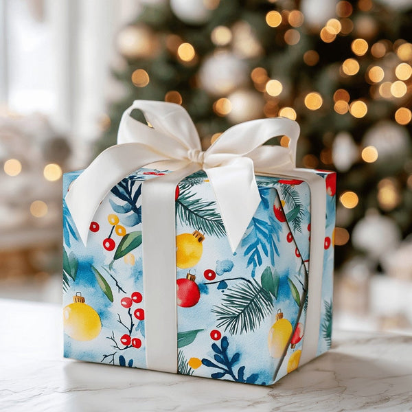 Pine Branch Holly Holiday Gift Wrap, Watercolor Christmas Ornament Wrapping Paper, Botanical Xmas Wrapping Paper, Seasonal Gi