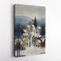 Alpine Town Landscape Canvas Print, Winter Village Snowy Mountain Canvas Wall Art, Comfy Holiday Poster, Christmas Digital Download