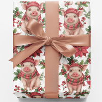 Adorable Pig Poinsettia Gift Wrap, Piglet Joy Christmas Wrapping Paper, Whimsical Farm Animal Paper Roll, Festive Holiday Gift Wrapping Paper