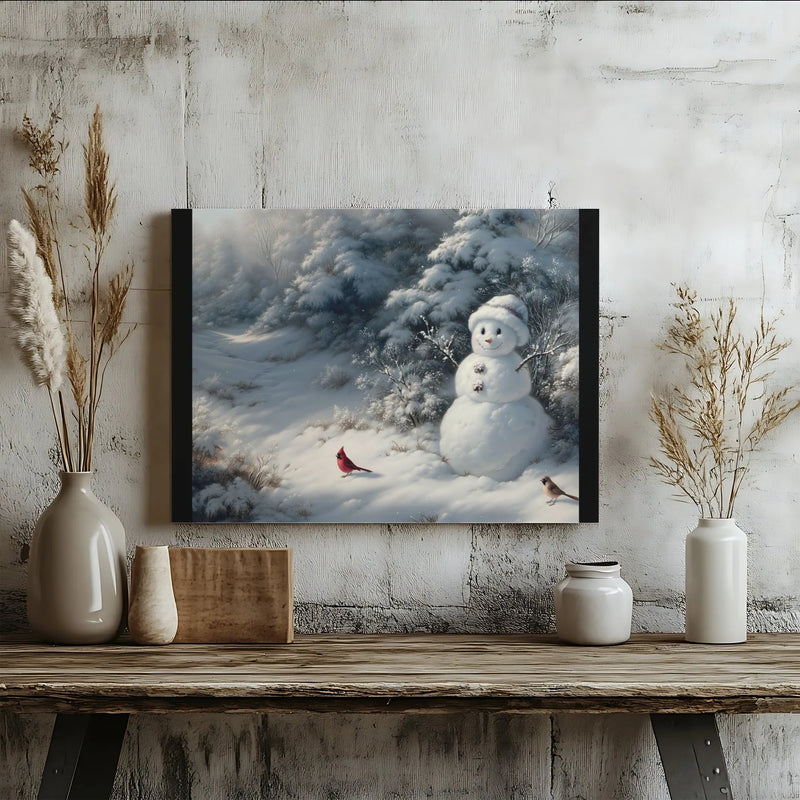 Winter Forest Canvas Print, Snowman with Cardinal Canvas Wall Art, Snowy Holiday Wall Canvas, Christmas Seasonal Decor, Winter Canvas Present