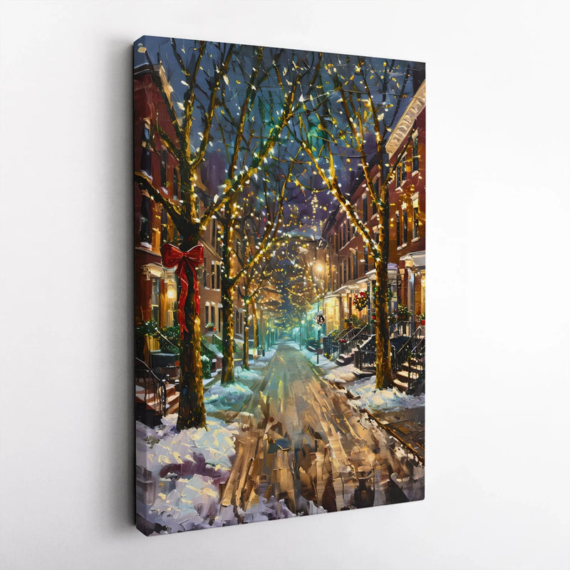 Impressionist Christmas Lights Canvas Print, Snowy City Street Canvas Art, Winter Town Wall Decor, Comfy Holiday Season Canvas Art Home Present