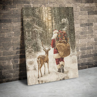 Reindeer Snowy Forest Canvas Print, Santa Claus Canvas Wall Art, Vintage Christmas Wall Art, Holiday Season Canvas, Winter Home Decor