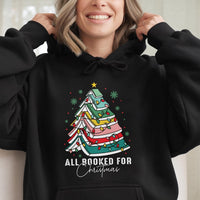 Book Lover Tree Graphic Hoodie, All Booked for Christmas Hoodie, Adorable Bookish Holiday Hoodie, Reader Bookworm Winter Present Sweatshirt