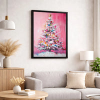 Abstract Holiday Oil Painting Canvas Print, Pink Christmas Tree Canvas Wall Art, Pink Xmas Tree Canvas Art, Festive Holiday Home Decor