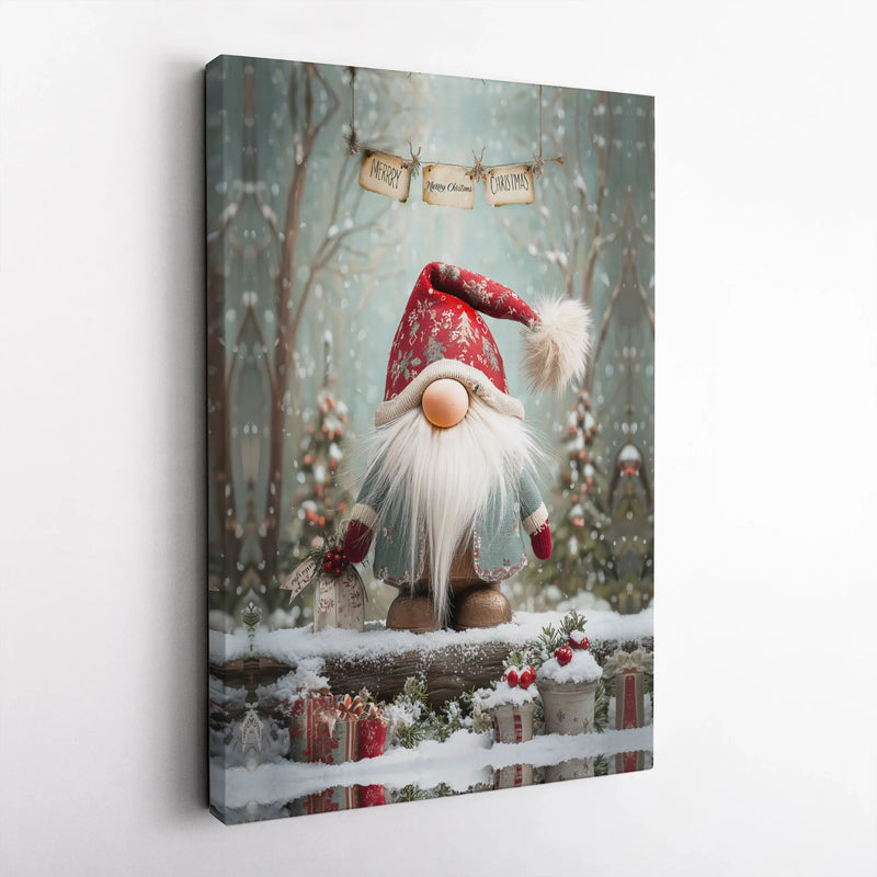 Snowy Winter Woodland Scene Canvas Print, Christmas Gnome Canvas Wall Art, Festive Holiday Wall Decor, Nordic Gnome Xmas Home Present