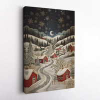 Paper Cut Style Red Houses Landscape Print, Winter Village Snowy Night Canvas Wall Art, Christmas Holiday Decor, Digital Download