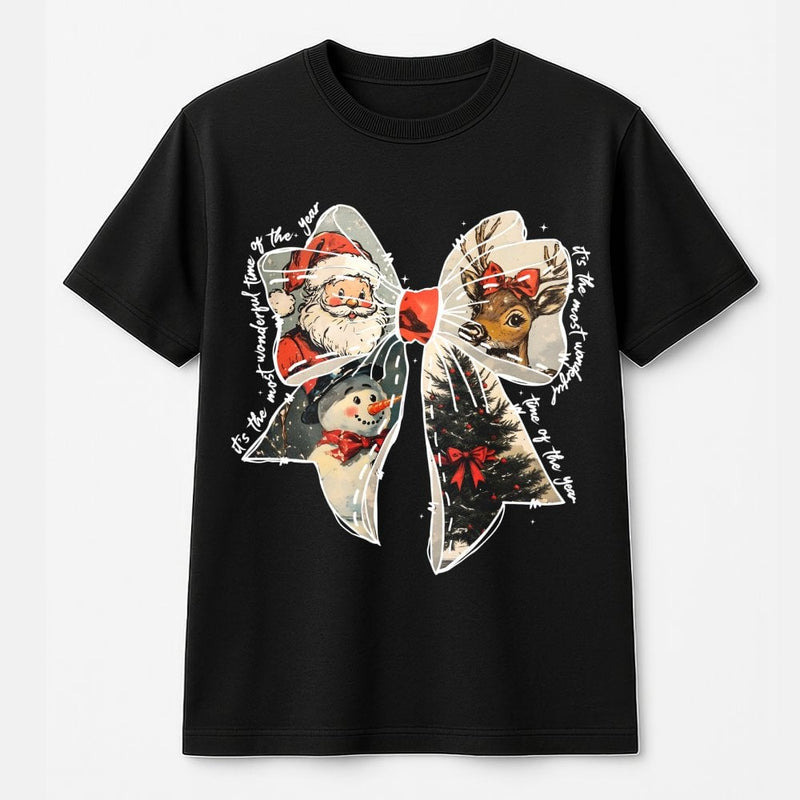 Retro Santa Reindeer Graphic Tee, Christmas Coquette Bow T-Shirt, Adorable Holiday Season T-Shirt, Girly Xmas Graphic Shirt, Holiday Present Tee