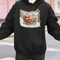 Retro Santa Sleigh and Reindeer Hoodie, Vintage Santa Hoodie, Nostalgic Santa Christmas Sweatshirt, Comfy Holiday Graphic Hooded Pullover