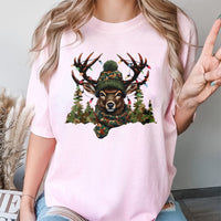Camo Deer with Lights Shirt, Christmas Deer Hunting T-Shirt, Winter Hunter Holiday Graphic Tee, Festive Camouflage Deer T-Shirt, Hunter Present