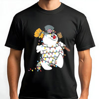 Adorable Holiday Graphic Tee, Snowman Christmas T-Shirt, Festive String Lights Shirt, Winter Xmas Graphic T-Shirt, Christmas Family Present