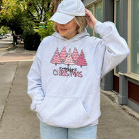 Merry Christmas Leopard Pattern Hoodie, Pink Leopard Christmas Tree Hoodie, Trendy Holiday Sweatshirt, Girly Adorable Xmas Pullover Present