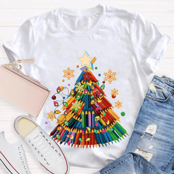 Crayon Christmas Tree Shirt, Art Teacher Christmas T-Shirt, Colorful Art Educator Holiday Graphic Tee, Snowflakes Lights Teac