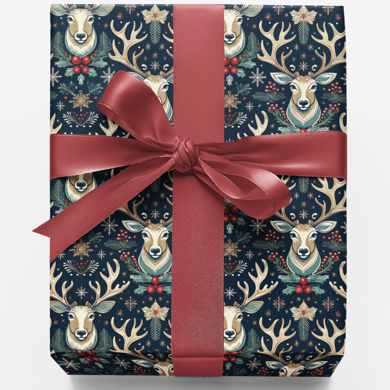 Winter Forest Stag Wrapping Paper, Majestic Antler Wrapping Paper, Golden Reindeer Holiday Gift Wrap, Rustic Christmas Gift Wrapping Paper