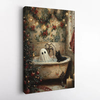 Whimsical Holiday Bathtub Art, Ghost and Black Cat Christmas Canvas, Spooky Adorable Xmas Canvas Print, Festive Bathroom Wall Decor Present