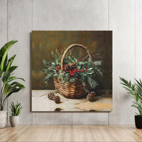 Winter Still Life Painting Canvas, Christmas Basket Square Canvas, Rustic Holiday Wall Art Canvas Print, Festive Christmas Home Decor