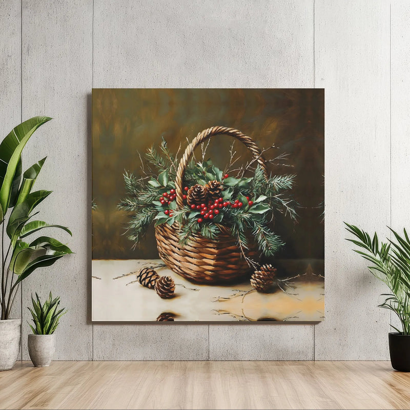 Rustic Holly Berry Canvas Print, Christmas Basket Still Life Canvas Wall Art, Winter Pinecone Painting, Holiday Decor Digital Download