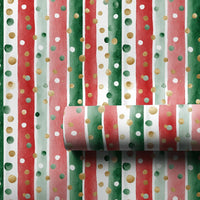 Watercolor Red Green Gift Wrap, Striped Christmas Wrapping Paper, Polka Dot Wrapping Paper, Classic Holiday Gift Wrap, Xmas Present Roll