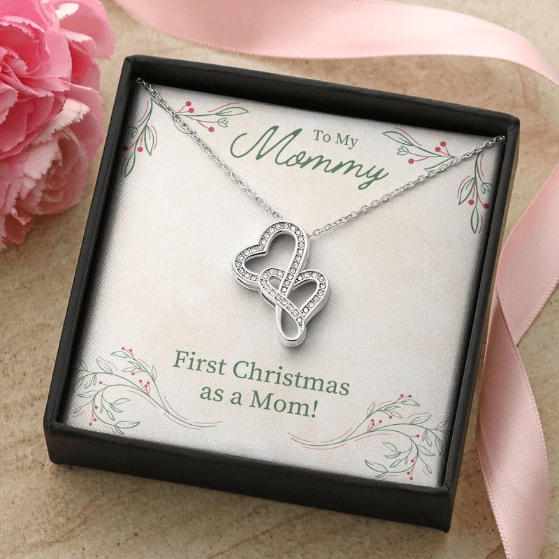 Double Heart Pendant, First Christmas as a Mom Necklace, Interlocking Heart Necklace, 14K White Gold Jewelry, Meaningful New Mother Present
