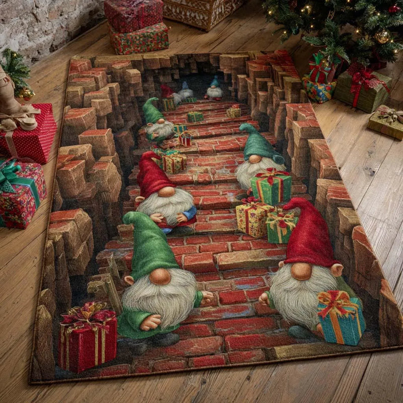 Brick Fireplace Holiday Living Room Rug, Christmas Gnome Area Rug, Comfy Xmas Present Tunnel Flannel Area Rug, Washable Non-Slip Floor Mat