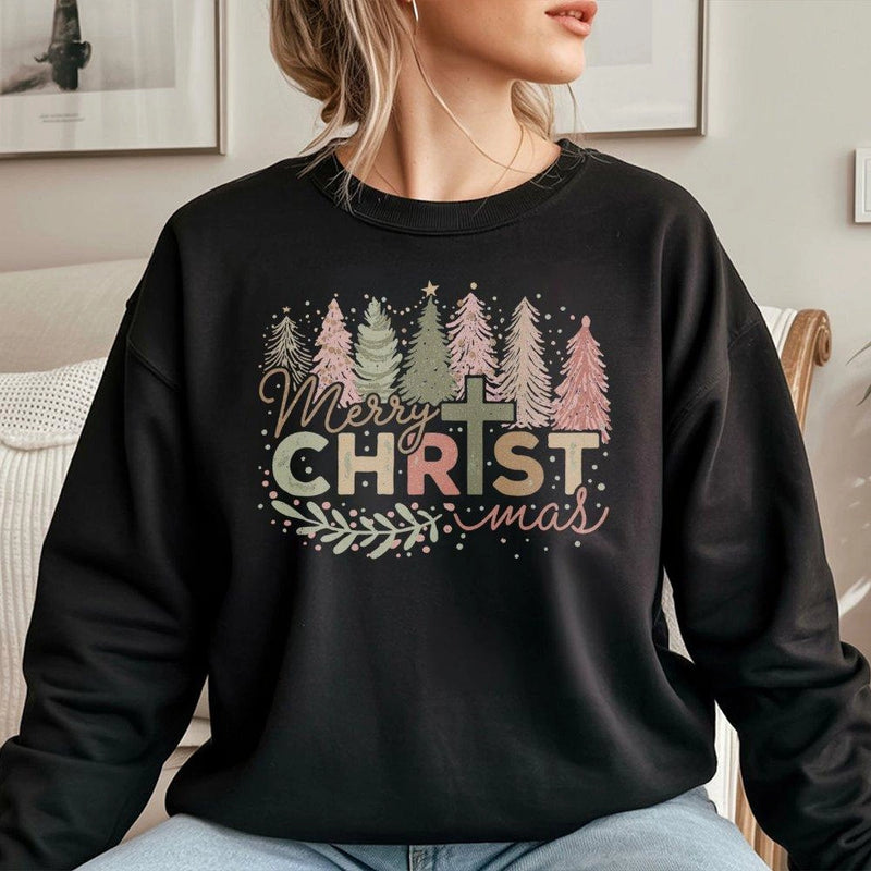 Christian Christmas Tree Graphic Sweater, Merry Christ-mas Sweatshirt, Faith Based Holiday Crewneck, Religious Xmas Pullover Sweatshirt