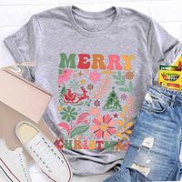 Colorful Flowers Holiday Trees Tee, Christmas Floral Tree Shirt, Botanical Xmas Graphic T-Shirt, Festive Winter Holiday Apparel