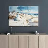 Watercolor Coastal Canvas Wall Art, Winter Beach Snowman Canvas Print, Tropical Holiday Canvas Art, Adorable Christmas Season Wall Decor Present