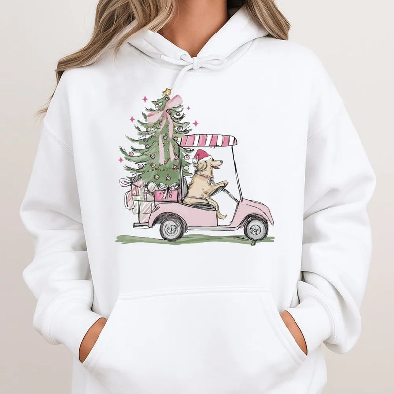 Pink Golf Cart Christmas Hoodie, Christmas Golden Retriever Hoodie, Festive Dog Lover Hooded Sweatshirt, Adorable Golfer Holiday Pullover