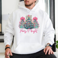 Leopard Print Xmas Tree Hoodie, Merry and Bright Christmas Hoodie, Colorful Holiday Sweatshirt, Christmas Hooded Sweatshirt, Present for Her