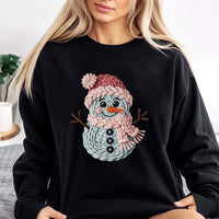 Yarn Knit Texture Graphic Holiday Sweater, Adorable Snowman Sweatshirt, Comfy Christmas Crewneck, Winter Season Aesthetic Pullover