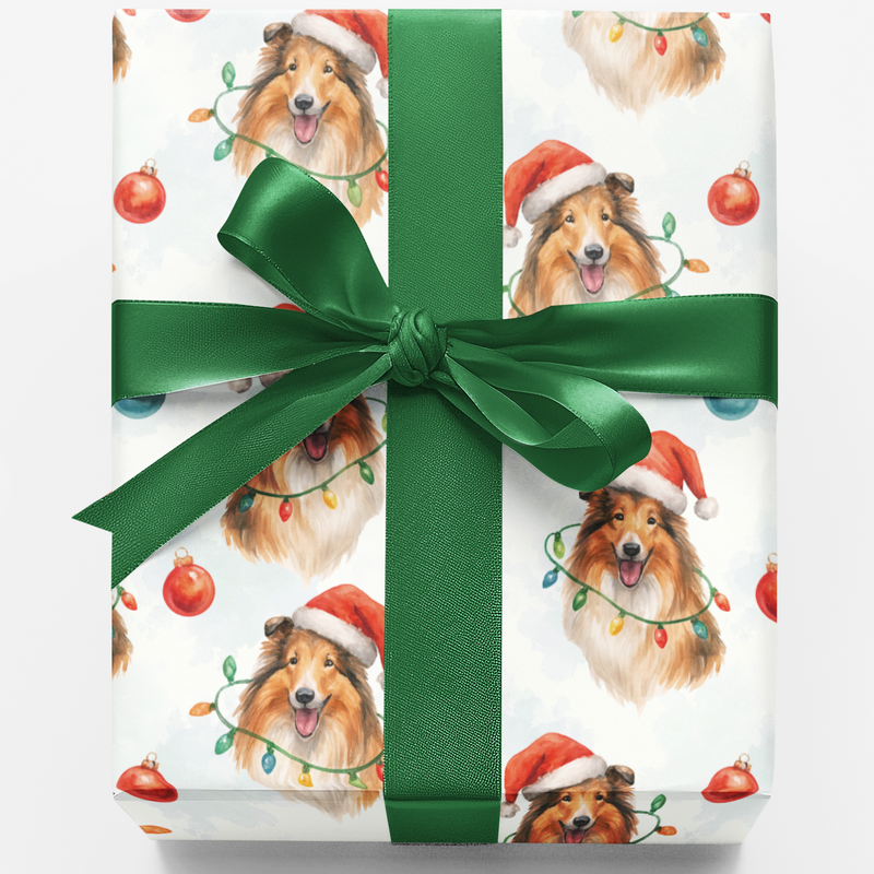Santa Hat Collie Gift Wrap, Collie Dog Christmas Wrapping Paper, Adorable Collie Holiday Wrapping Paper, Dog Lover Xmas Present Wrap Roll