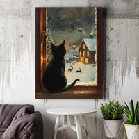 Santa Sleigh Snowy Village Canvas Wall Art, Black Cat Christmas Canvas Print, Festive Holiday Kitten Wall Decor, Adorable Winter Pet Lover Present