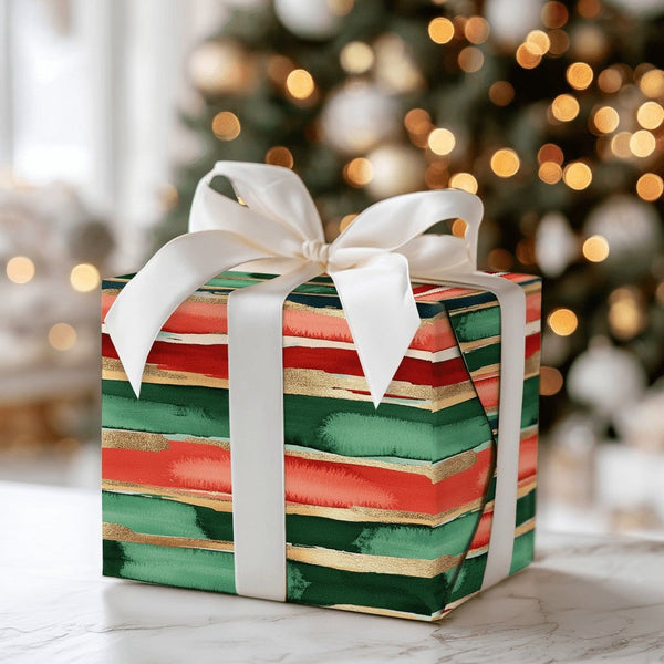 Modern Watercolor Holiday Gift Wrap, Abstract Brushstroke Christmas Wrapping Paper, Festive Stripe Wrapping Paper, Elegant Gi