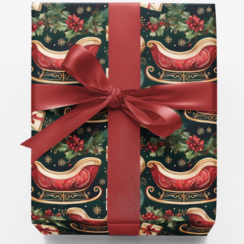 Red Gold Holiday Gift Wrap, Gilded Sleigh Christmas Wrapping Paper, Festive Sleigh Wrapping Paper, Vintage Christmas Present Wrapping Paper